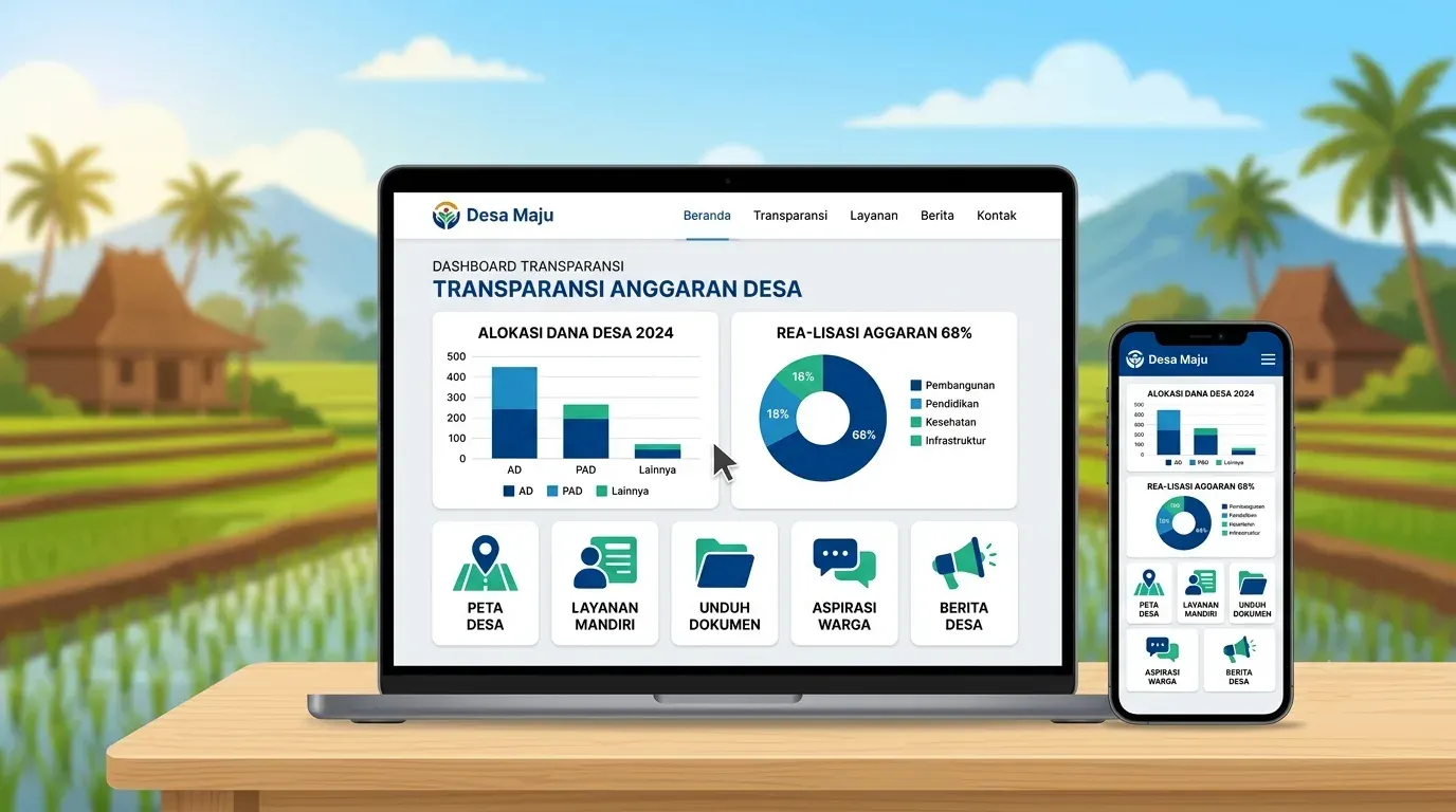 Ilustrasi tampilan website desa modern yang menampilkan transparansi dana desa dan layanan warga