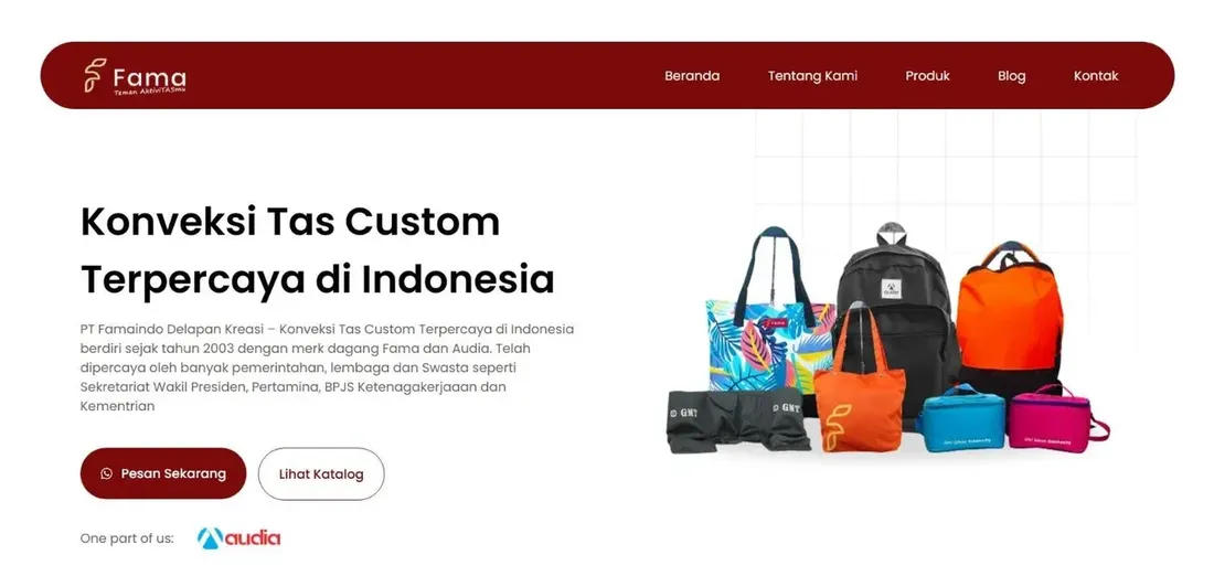 Website Famaindo, konveksi tas custom
