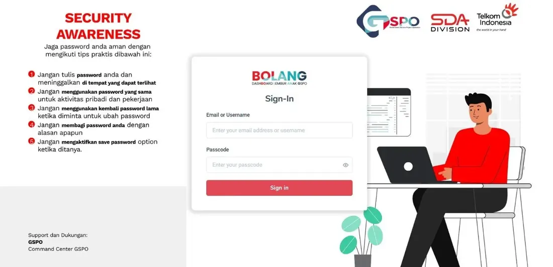 Halaman login Dashboard Bolang, GSPO SDA Telkom Indonesia