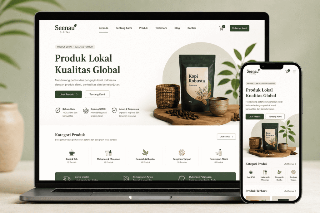 Tampilan website UMKM profesional yang responsif di laptop dan smartphone untuk bisnis lokal Indonesia