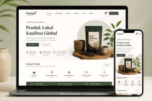 Tampilan website UMKM profesional yang responsif di laptop dan smartphone untuk bisnis lokal Indonesia