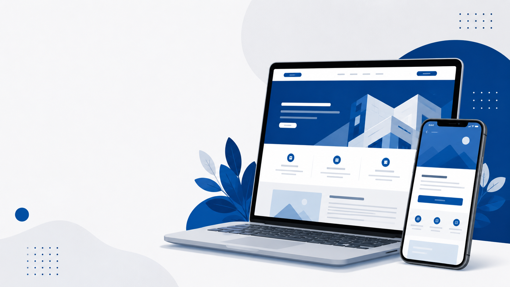 Contoh website company profile dan landing page di layar laptop dengan aksen warna biru Seenau Digital
