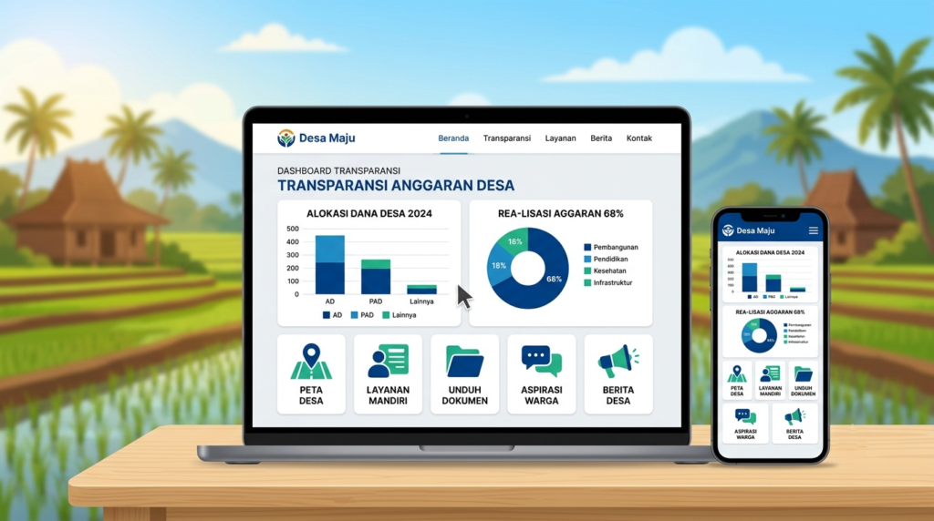 Ilustrasi tampilan website desa modern yang menampilkan transparansi dana desa dan layanan warga