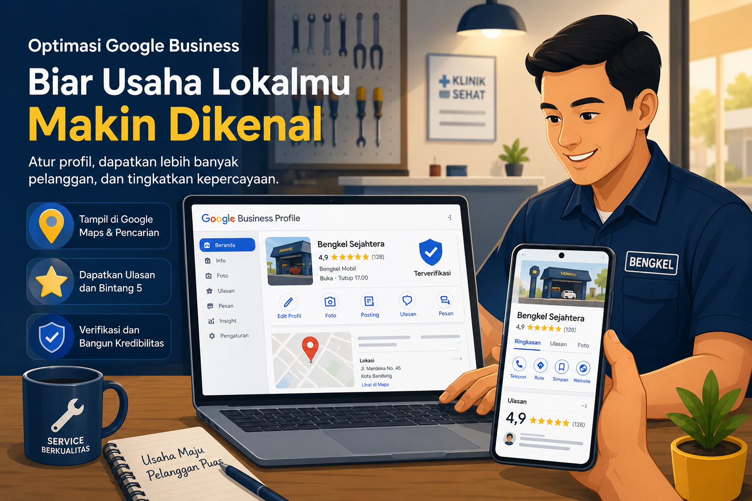 Pemilik usaha jasa lokal mengatur profil Google Maps bisnis lewat laptop dan ponsel