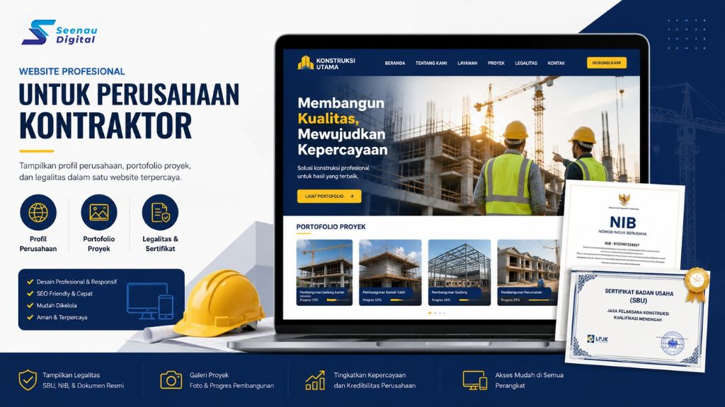 Struktur halaman website kontraktor profesional dengan portofolio proyek dan legalitas SBU NIB
